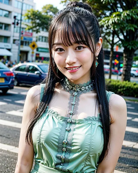 a woman posing on the street corner with green dress on, best quality, high res, 8k, 1girl, (huge breasts), day, bright, outdoor...