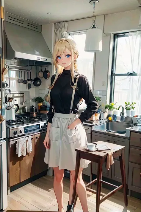 <lora:JAPAN_kitchen_SD15_V1:0.7> shs kitchen, JPkitchen, scenery, table, chair, sink, kitchen, plant, indoors, window, refrigerator, frying pan, bottle, shelf, spatula, door, basket, plate, cup, stool, wooden floor, curtains, apron, frilled apron, cooking,...