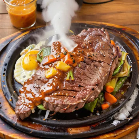 a close up of a steak on a plate with vegetables and sauce