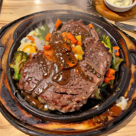 there is a steak on a plate with vegetables and sauce