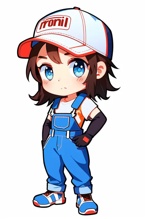 Concept art, original character design, Q version of characters, 1girl, solo, blue eyes, hat, brown hair, gloves, chibi, full body, standing, looking at viewer, white background, shoes, blush, simple background, baseball cap, closed mouth, overalls, shirt<...