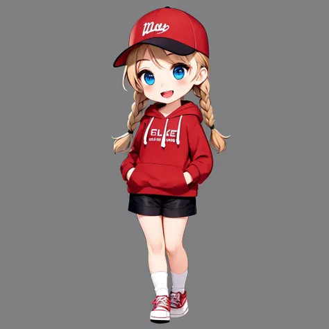 Concept art,original character design,Q version of characters,1girl,solo,hat,chibi,braid,twin braids,smile,hood,open mouth,long hair,v,hoodie,baseball cap,shorts,full body,shoes,socks,blue eyes,black shorts,hood down,arm behind back,red hoodie,standing,twi...