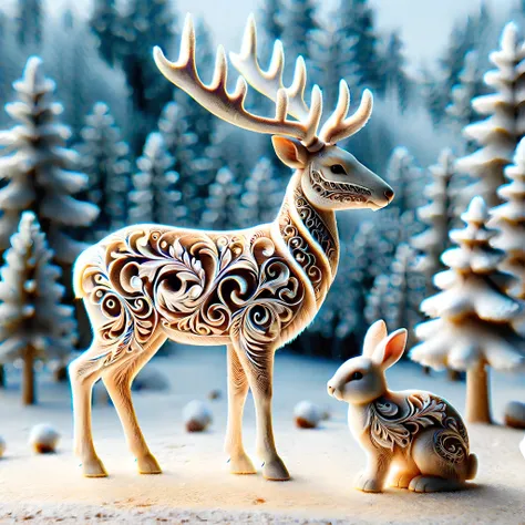 a cute winter scene,fawn,bunny, deer,manger,forest,woodfigurez,<lora:woodfigurez-sdxl:1>,<lora:add-detail-xl:1>,<lora:SDXLFrosted:1>,