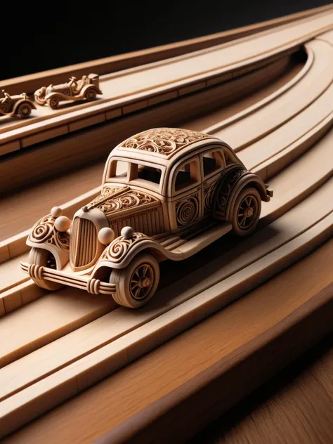 woodfigurez, A wooden car race, with intricately carved vehicles speeding down a detailed wooden track <lora:woodfigurez-sdxl:1>, dynamic, cinematic, masterpiece, intricate.<lora:JuggerCineXL2:1>