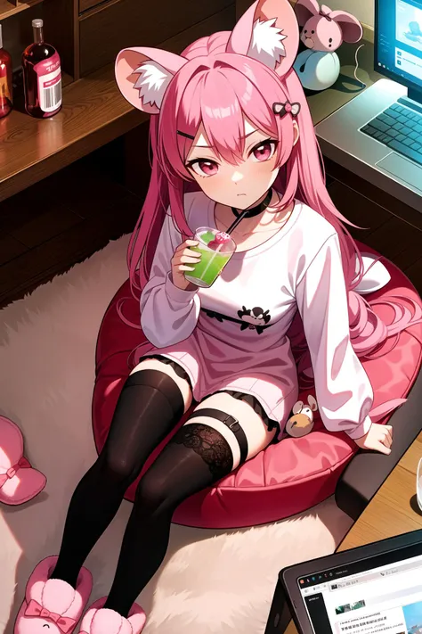 anime girl sitting on a bean bag with a cup of coffee