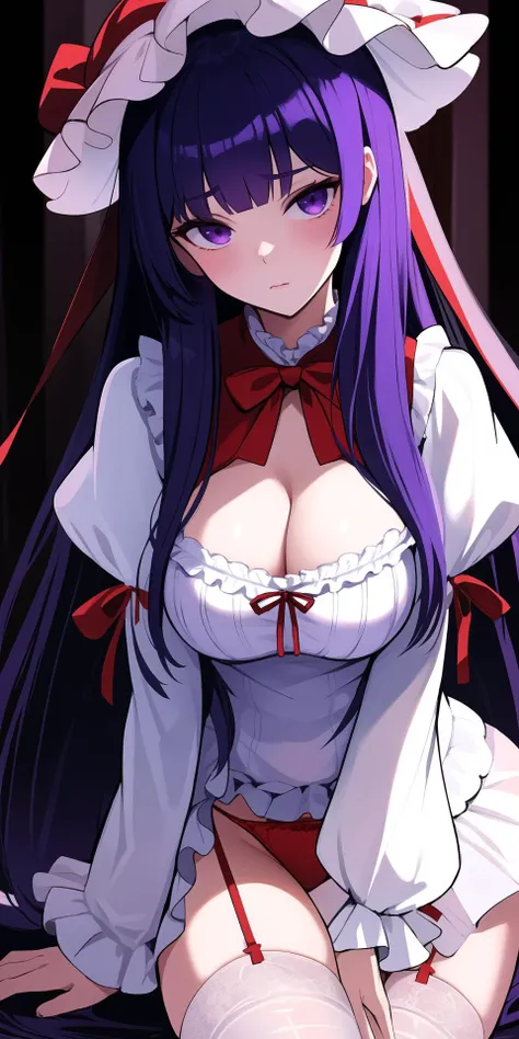 1girl, bangs, blush, breasts, cleavage, dress, eyebrows_visible_through_hair, frills, garter_belt, garter_straps, hat, large_breasts, long_hair, long_sleeves, looking_at_viewer, patchouli_knowledge, puffy_sleeves, purple_eyes, purple_hair, red_bow, red_rib...