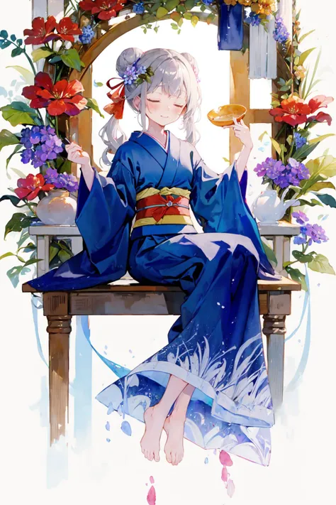 -watercolor, 1girl, flower, long hair, solo, hair ornament, closed eyes, spoon, holding, japanese clothes, barefoot, kimono, sash, white background, hairclip, blue flower, food, obi, wide sleeves, purple flower, long sleeves, morning glory, sitting, full b...