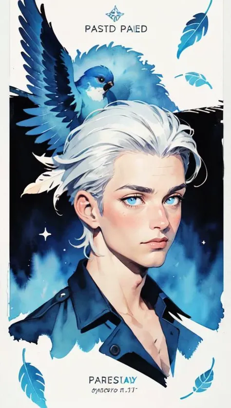 watercolor (medium), (best quality, masterpiece:1.3),1boy, 
silver hair, bright pupils, short hair, hair slicked back,expressionless,
fractal art,card design
cursive text, astrology illustration, classic, retro ,blue bird, feathers, 
watercolor <lora:water...