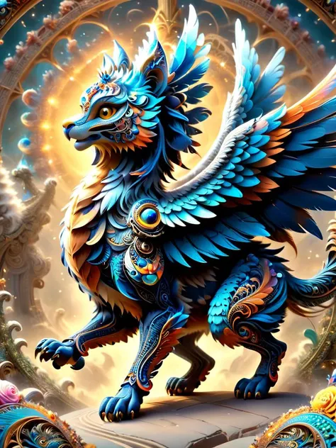 a blue and orange dragon with wings on a circular background