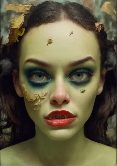 a close up of a woman with a green make up and leaves on her head