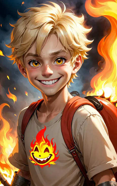 a cartoon boy with a backpack and fire on his back