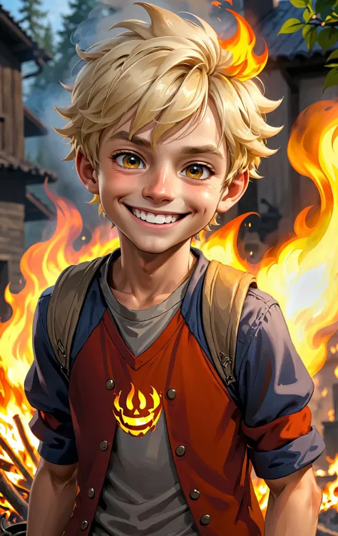 a cartoon boy with a backpack and a fire in the background