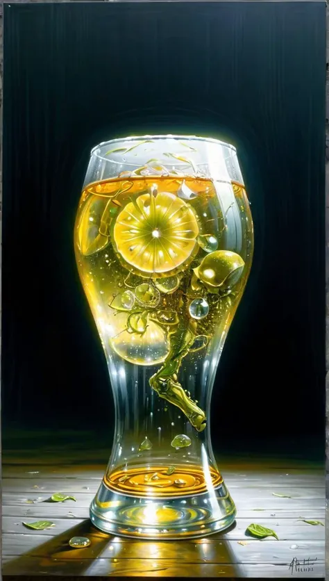 a painting of a glass of beer with lemon slices in it