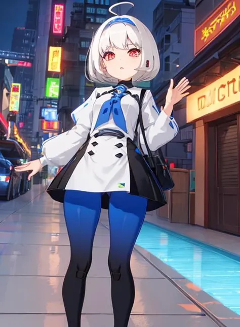 anime girl in a white coat and blue pants standing on a city street