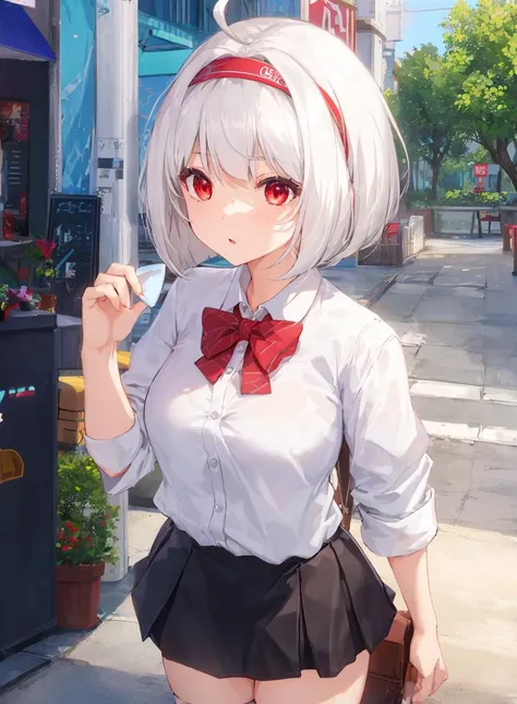 anime girl with white hair and red eyes holding a knife