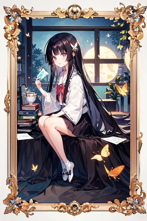 anime girl sitting on a bed with a book and a cup