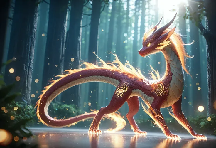 a close up of a dragon with a long tail in a forest