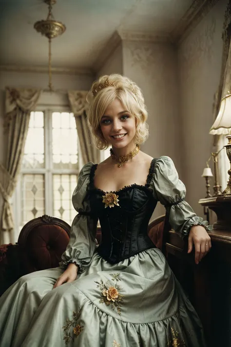 gorgeous candid spooky painterly color analog photo, (sfw:1.2) blonde [1girl:<lora:gjhawn.32:0.85> gjhawn with short-blonde-pixie-hair, (big-smile, laughing):0.0], as a smug duchess, spooky bizarre corset, overskirt, (spooky messy hairdo, crown), sitting o...