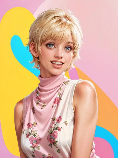 a close up of a woman with a pink dress and a pink background