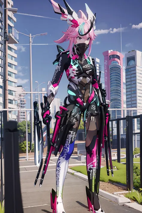 sakura neon, 1girl, solo, weapon, sword, katana, armor, holding weapon, cityscape,tokyo \(city\), full body, holding sword, hold...