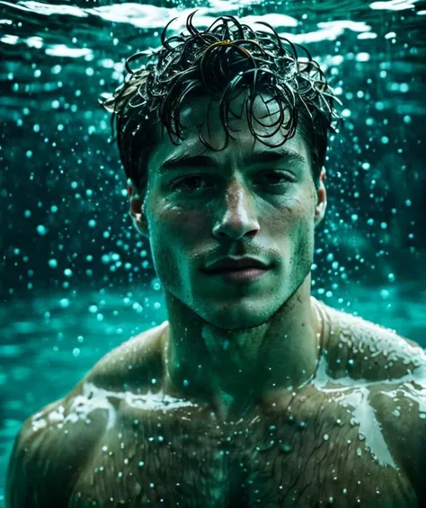 a close up of a man in the water with a wet face