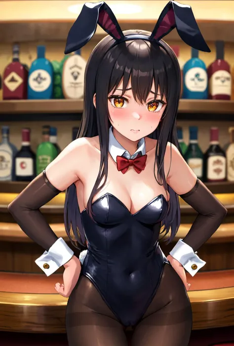 masterpiece,best quality,highres,ultra-detailed,yotsuya miko,long hair,<lora:yotsuya_miko:0.7>, bent over, hand on hips, blush, embarrassed, behind a bar, bare shoulders, brown pantyhose, bowtie, rabbit ears, red bow, leotard, wrist cuffs, strapless, detac...