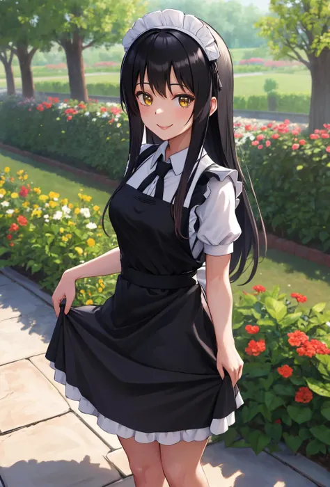 masterpiece,best quality,highres,ultra-detailed,yotsuya miko,long hair,<lora:yotsuya_miko:0.7>,smile, maid, maid headdress, black dress, garden, standing, skirt hold,