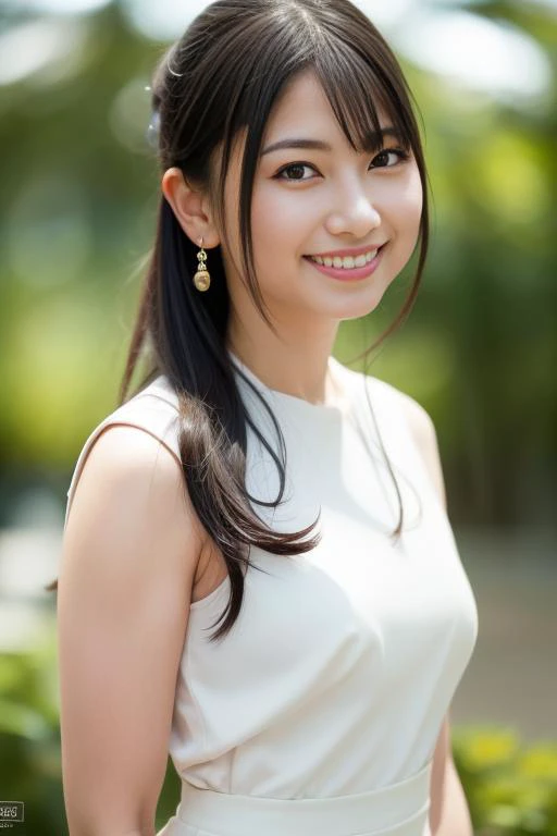 a close up of a woman in a white dress smiling