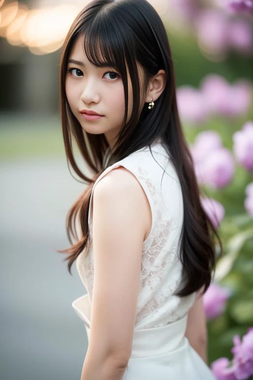 a woman with long hair and a white dress standing in front of flowers