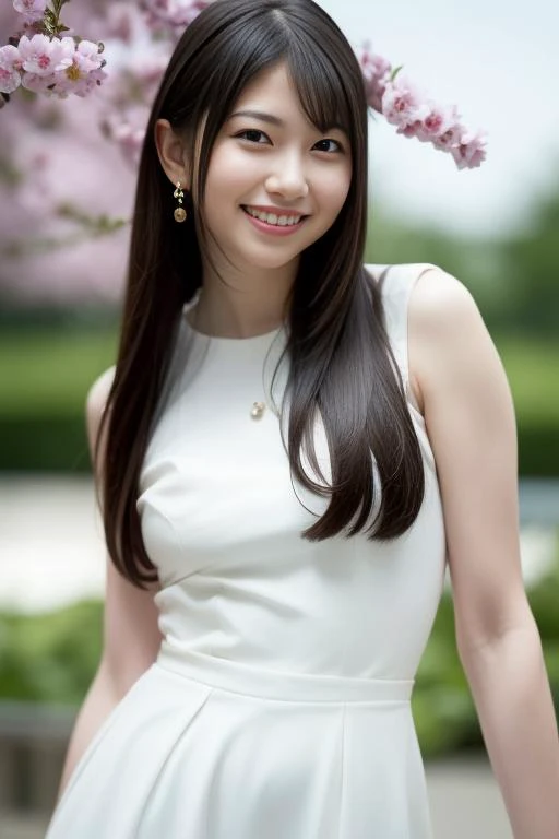 a woman in a white dress standing under a tree with pink flowers