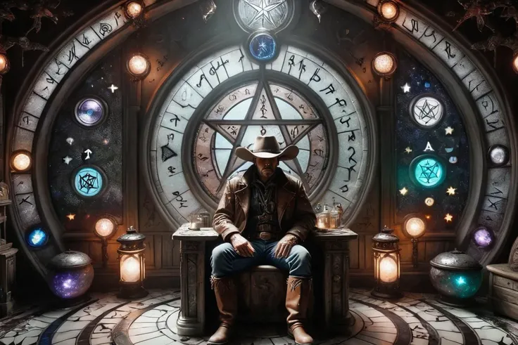 (wizardcoreai:1.1) Stained Glass, mature cowboy sitting in a magical hospital ward. Black-toned, white rune inlays, (corroding:1.46). <lora:WizardCoreAI:1>