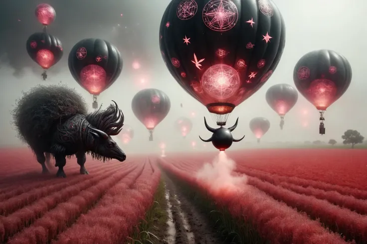 Magical mature balloon-animal walking in a farming landscape in summer. Black-toned, (mauve:0.5) rune inlays, (poppy-red:0.8) glowing magical fog. wizardcoreai <lora:WizardCoreAI:1>