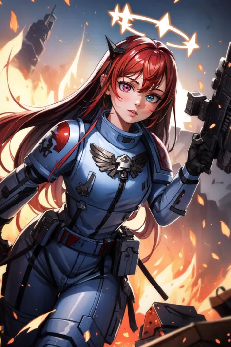 a woman in a blue uniform holding a gun and a gun