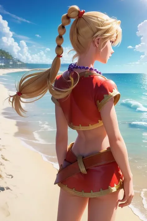 (masterpiece, best quality, highres, absurdres, ultra-detailed:1.2), 1girl, blonde twisted ponytail, necklace, red crop jacket, (standing on a beach, looking away, beach sand, arms crossed behind back, from behind, ocean, clear water, blue sky, clouds)
<lo...