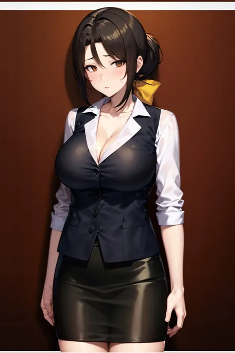 <lora:Kyoko_LoHa_LeaderThree_v1:1>,
HazukiKyokoLT, sugina miki style, yellow ribbon, black eyes, black hair, low ponytail, hair between eyes, bangs, collarbone, pencil skirt, cleavage, large breasts, 
bartender, collared shirt, vest, bar /(place/)