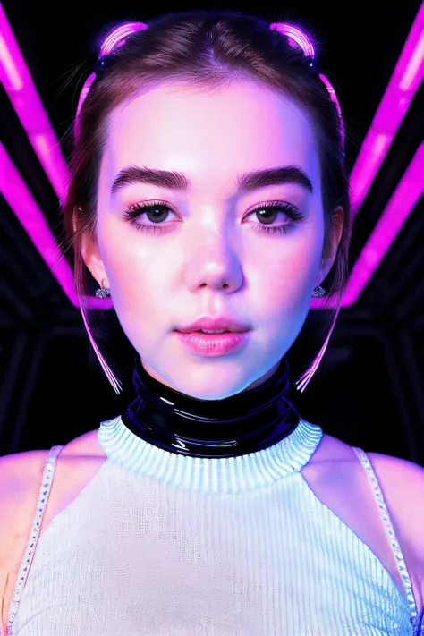 up close photo of syndicet1  in cyber neon lighting, futurism, intricate futuristic jewelry accessories, cyberpunk glossy white latex turtleneck, hyper photorealistic, crispy quality, digital photography, trending in artstation, trending in pinterest, cine...