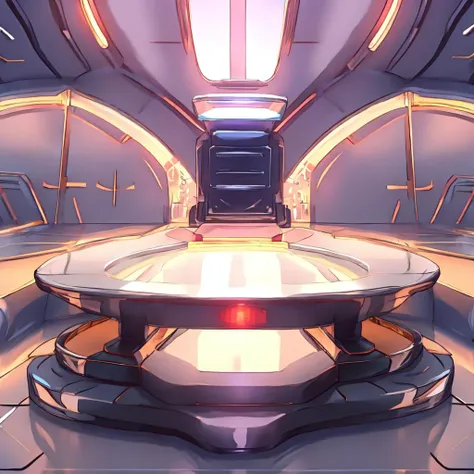 a close up of a futuristic spaceship with a table and chairs