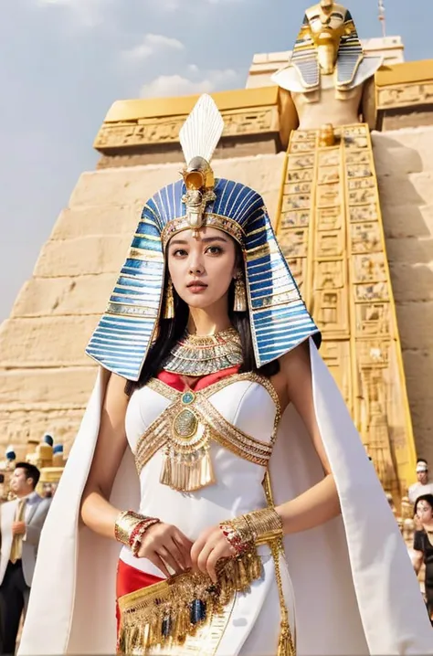 a woman in a white dress and gold headdress standing in front of a pyramid