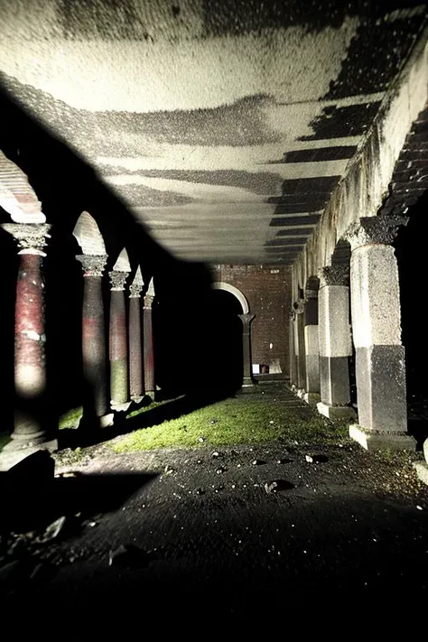 there is a long hallway with columns and a green grass