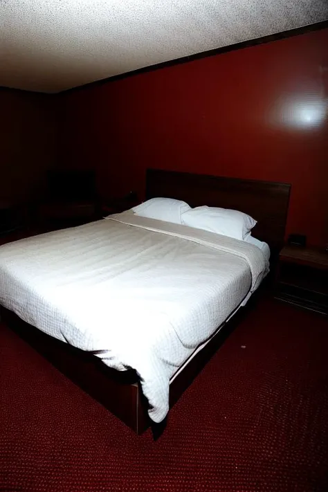 there is a bed with a white blanket and a red wall