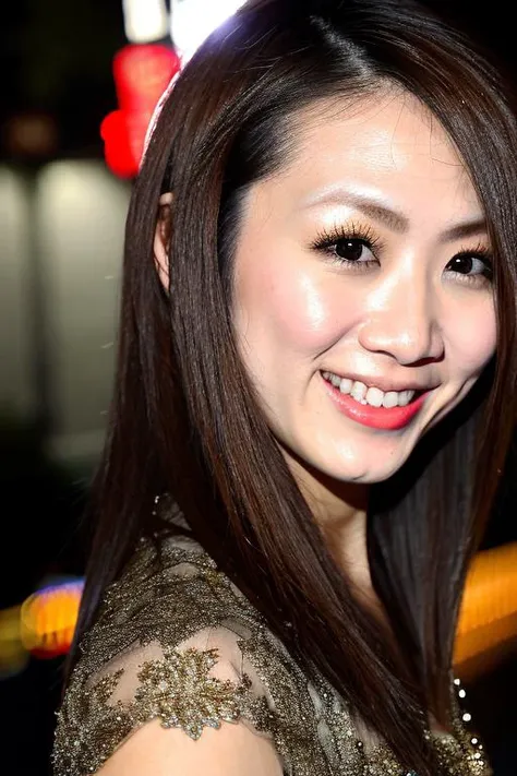 arafed asian woman with long brown hair smiling at the camera