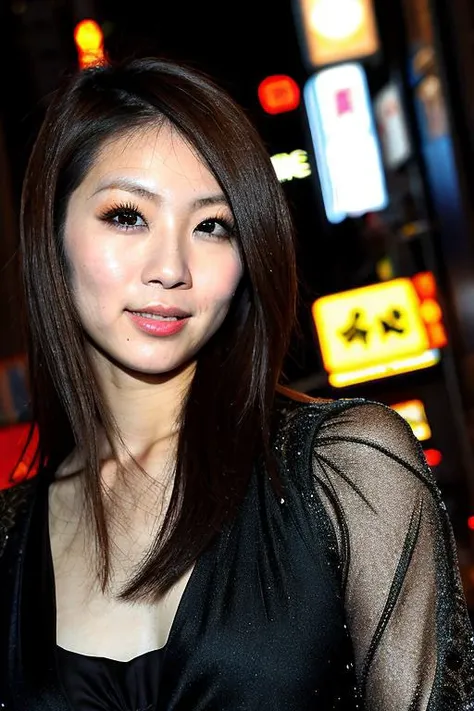 araffe woman in a black dress standing in front of a neon sign