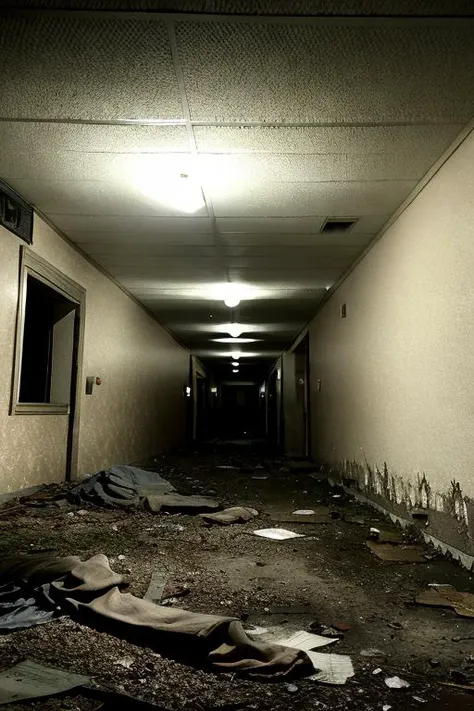 arafed hallway with a lot of debris and a window