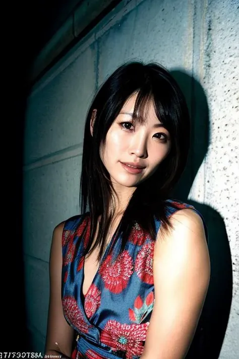 a close up of a woman in a dress leaning against a wall