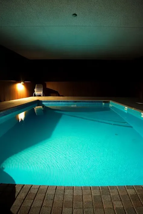 there is a pool with a chair and a lamp in the dark