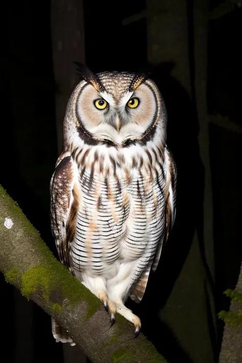 there is a owl that is sitting on a branch in the dark