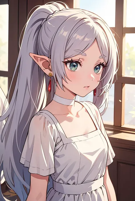 (masterpiece, best quality), 1girl,   <lora:FrierenV2:0.8> Frieren, long hair, twintails, earrings,  long hair, ponytail, earrings, white choker, white dress, short sleeves