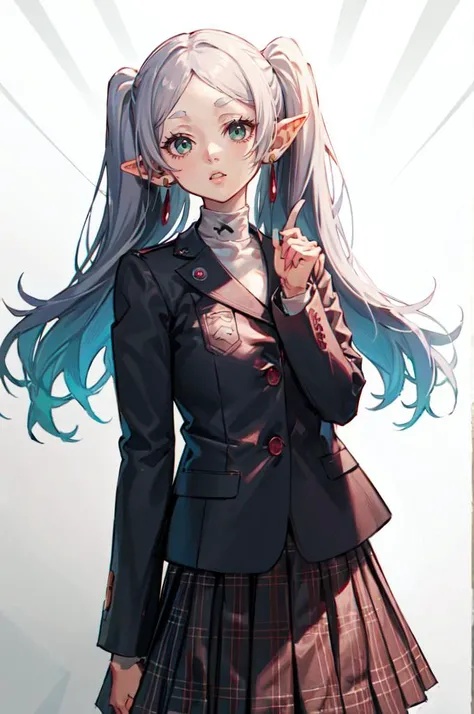 solo,  <lora:FrierenV2:1> Frieren, long hair, twintails, earrings, <lora:ShuujinAcademySchoolUniform:0.9> GirlUniform, shuujin academy school uniform, black jacket, plaid skirt,, absurdres, ultra detailed, masterpiece, best quality, aesthetic, detailed,