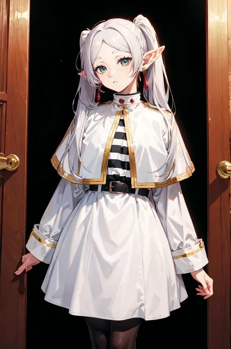 <lora:FrierenV2:1> FrierenBase, long hair, twintails, earrings, white capelet, striped shirt, horizontal stripes, long sleeves, belt, white skirt, gold-trim, black pantyhose, expressionless, straight-on, head tilt,, absurdres, ultra detailed, masterpiece, ...