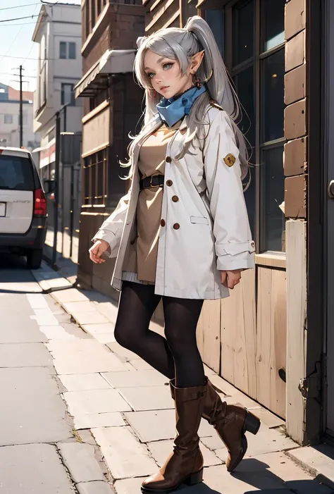 (masterpiece, best quality), 1girl,     <lora:FrierenV2:0.8> Frieren, long hair, twintails, earrings,  long hair, twintails, earrings, blue scarf, white coat, black pantyhose, brown boots,